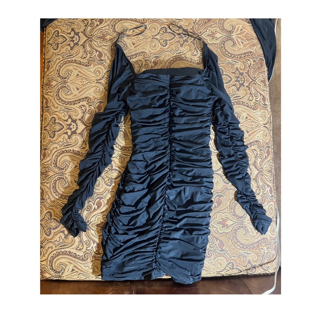Thats So Fetch Black Ruched Mini Dress Long Sleeve Bodycon Square Neck US 8